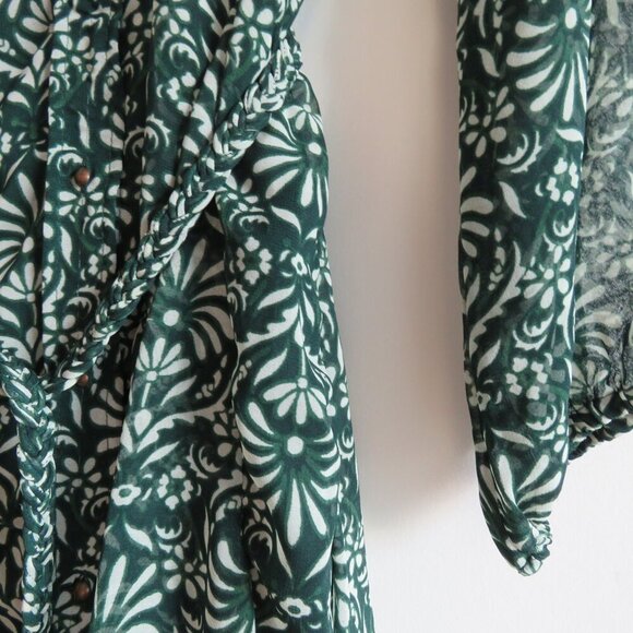 ZARA Sheer Leaf Print Belted Button Front Dress in Forest Green Boho - Size S - Picture 10 of 16